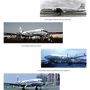 May include: A vintage photo of a Pan American World Airways Douglas DC-6B airplane on the tarmac. The plane is painted in the airline's classic blue and white livery with the company logo on the tail. The plane is parked on a tarmac with a building in the background.