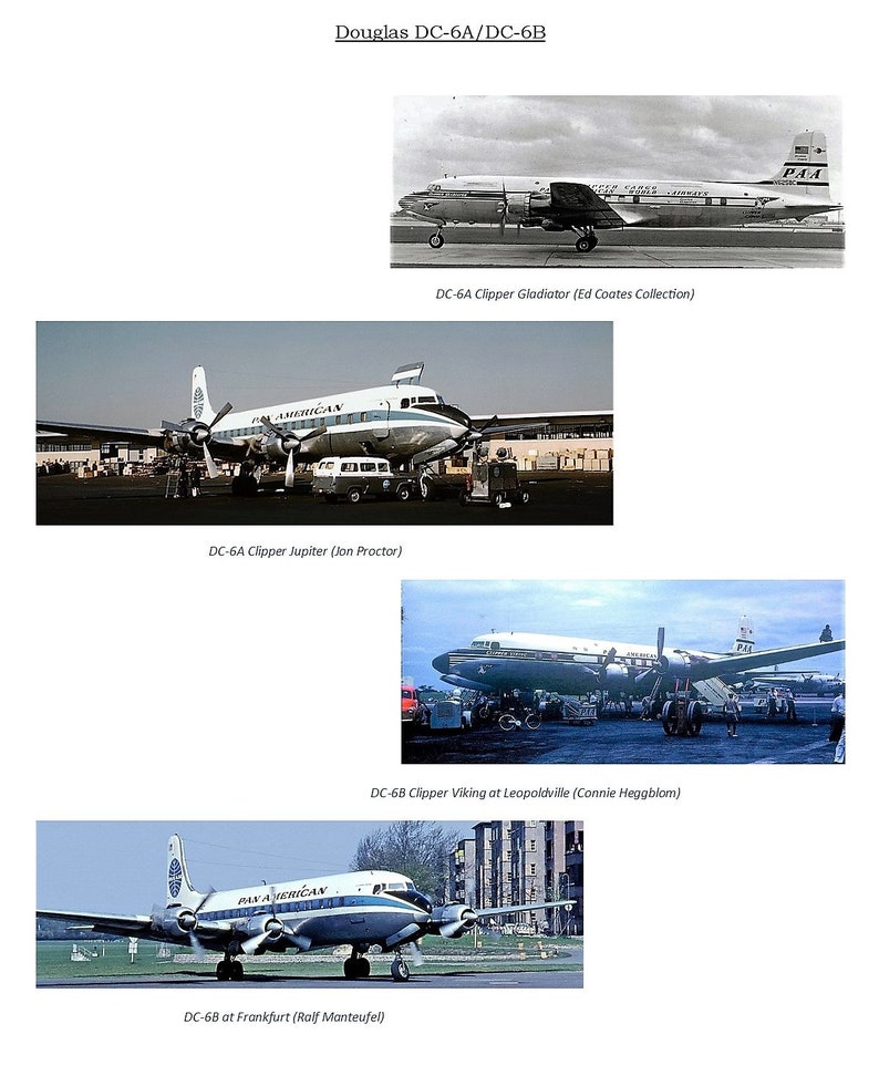 May include: A vintage photo of a Pan American World Airways Douglas DC-6B airplane on the tarmac. The plane is painted in the airline's classic blue and white livery with the company logo on the tail. The plane is parked on a tarmac with a building in the background.