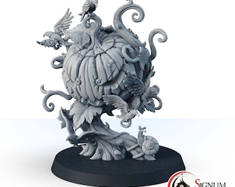 May include: A gray 3D printed miniature of a pumpkin with vines and birds perched on it. The pumpkin is on a round base.