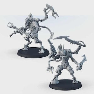 May include: Two gray miniature figurines of robotic characters, each standing on a black base. The figures have multiple mechanical arms and are holding various weapons. One figure has a long, segmented tail.