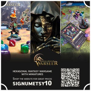 May include: A hexagonal fantasy wargame with miniatures, featuring a dark-skinned figure with a golden mask. The game board is made of green felt with a hexagonal grid. The game includes a card with a black and gold design and the text "Legends of Signum II Warseer".