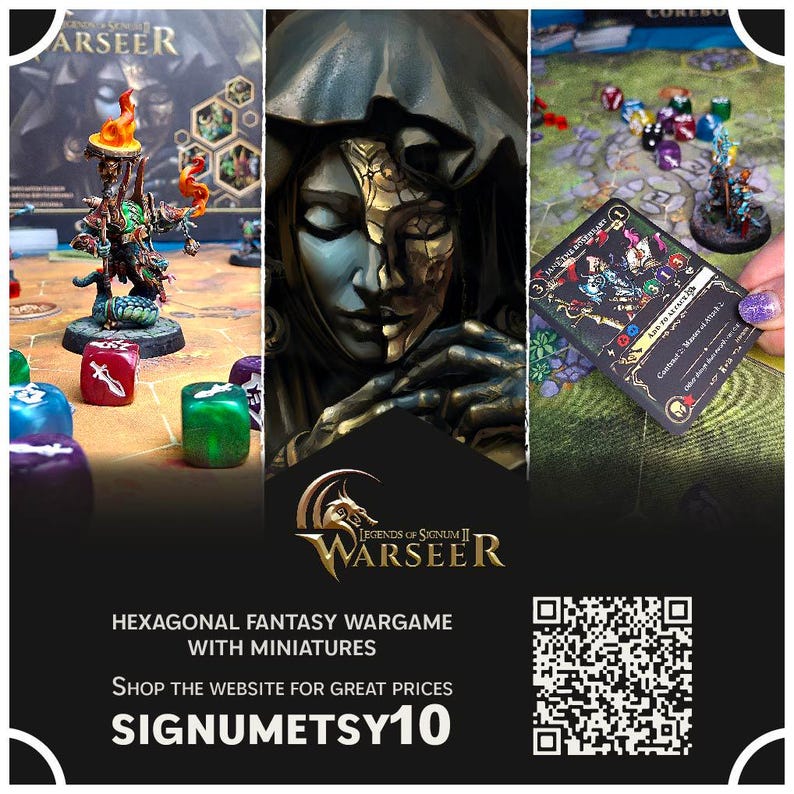 May include: A hexagonal fantasy wargame with miniatures, featuring a dark-skinned figure with a golden mask. The game board is made of green felt with a hexagonal grid. The game includes a card with a black and gold design and the text "Legends of Signum II Warseer".