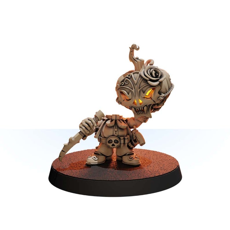 May include: A small, detailed, beige pumpkin figurine with a carved face and glowing eyes. The figurine is wearing a vest and holding a knife. It is standing on a brown base.