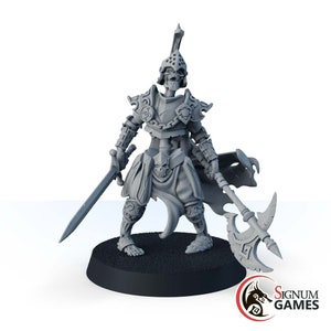 May include: A gray plastic miniature of a skeletal warrior wearing armor and holding a sword and an axe. The miniature is standing on a black base.
