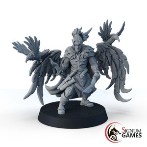 Op de afbeelding: Een grijs plastic miniatuurfiguur van een elfenkrijger met gevederde vleugels en twee raven. De elf houdt een dolk in elke hand en draagt een gevederde mantel en harnas. Het figuur staat op een zwarte basis.