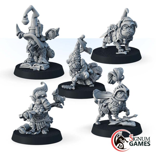 Pugs-Heroes, Mage Pet Warlock Wizard Bard Warrior Paladin Rogue, 32mm 28mm Scale 3D Printed Miniatures, Tabletop RPG DnD Game Mini