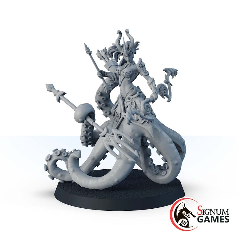 May include: A gray 3D printed miniature of a female figure riding a multi-tentacled octopus. The figure is holding a spear in one hand and a trident in the other. The figure is wearing a detailed outfit with a crown and a flowing cape. The octopus has a detailed texture and is posed in a dynamic position.
