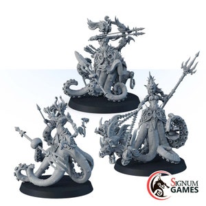May include: Three gray plastic miniature figurines of female figures riding octopus-like creatures. The figures are posed in different positions, one holding a spear, one holding a bow and arrow, and one holding a staff. The figures are all wearing elaborate clothing and jewelry. The figures are all mounted on octopus-like creatures with tentacles and a head with a mouth. The figures are all standing on a black base. The figures are all part of a game called "Signum Games".