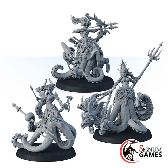 Octopus Mermaids set, Fantasy Miniatures, Unpainted Miniature Pack Octo Monter Boss Underwater Warrior, Scale 32mm 28mm, Tabletop RPG Game