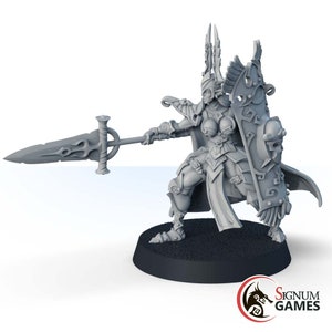 May include: A gray miniature figurine of a warrior in ornate armor, holding a large sword and shield. The warrior is posed in a dynamic stance, with detailed sculpting of the armor and weapon. The figurine is on a black base.
