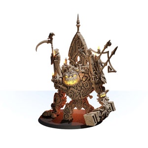 May include: A detailed miniature of a skeletal figure holding a scythe, standing atop a monstrous, stone-like creature with a glowing pumpkin face. The creature is adorned with intricate carvings and appears to be made of stone and bone.