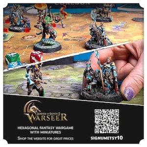 May include: A tabletop wargame called Warseer: Legends of Signum II, featuring hexagonal game tiles, painted miniatures, and dice. The game is described as a hexagonal fantasy wargame with miniatures. A QR code is included with the text "SIGNUMETSY10".