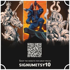 May include: Three miniature figurines, each depicting a different character. The first is a white, dragon-like creature with a human-like rider wearing a crown and holding a staff. The second is a blue, fox-like creature wearing a black mask and holding a sword. The third is a white, human-like creature with a fox-like head wearing a crown and holding a staff. The image also includes a QR code and the text "SHOP THE WEBSITE FOR GREAT PRICES SIGNUMETSY10".