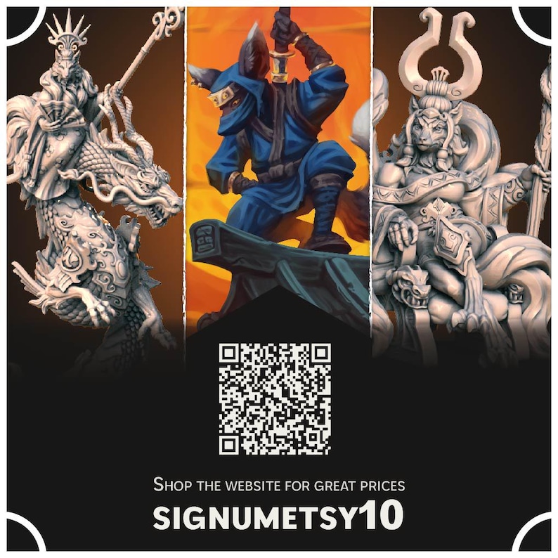 May include: Three miniature figurines, each depicting a different character. The first is a white, dragon-like creature with a human-like rider wearing a crown and holding a staff. The second is a blue, fox-like creature wearing a black mask and holding a sword. The third is a white, human-like creature with a fox-like head wearing a crown and holding a staff. The image also includes a QR code and the text "SHOP THE WEBSITE FOR GREAT PRICES SIGNUMETSY10".