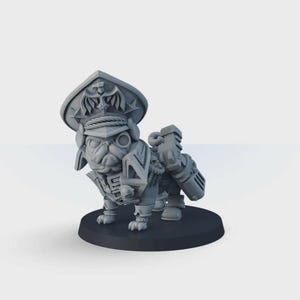 May include: A grey pug figurine in a military uniform and hat, standing on a black circular base. The pug has detailed armour and accessories, with a steampunk design. The figurine is a unique decorative item.