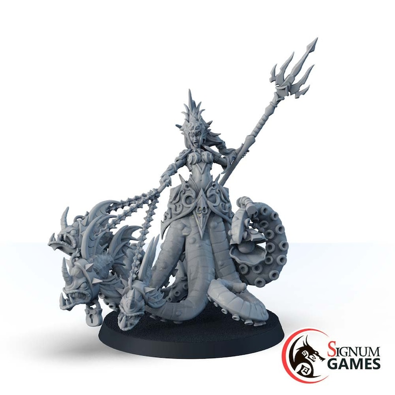 May include: A gray, detailed miniature figurine of a female figure with a crown of seaweed, holding a trident and riding a multi-headed sea serpent. The figure is standing on a black circular base.