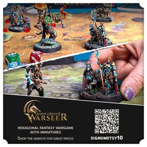 May include: A tabletop wargame called Warseer: Legends of Signum II, featuring hexagonal game tiles, painted miniatures, and dice. The game is described as a hexagonal fantasy wargame with miniatures. A QR code is included with the text "SIGNUMETSY10".