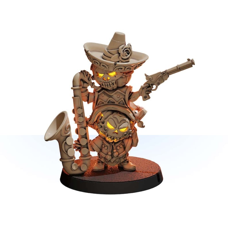 May include: A pair of brown, pumpkin-shaped figures with painted faces and glowing eyes. The larger figure wears a sombrero and holds a saxophone and a pistol. The smaller figure wears a hat and holds a saxophone. The figures are standing on a black base.