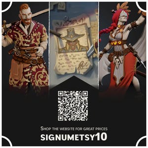 以下が含まれることがあります： 3人のキャラクターのデジタルイラスト。赤い金色のジャケットを着た男性、赤いバンダナを巻いた男性、赤と白のドレスを着た女性。画像にはQRコードと「Shop the website for great prices SIGNUMETSY10」というテキストが含まれています。