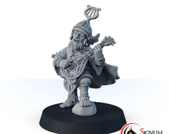 May include: A gray plastic miniature figurine of a dwarf bard playing a lute. The dwarf is wearing a hat with a lyre on top and a cloak. The miniature is on a black base.
