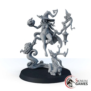 Witch DND miniature, Serena The Seductive With Pumpkin Fantasy Miniatures, Female Witch Miniature, Female Human Warlock D&D Resin Miniature