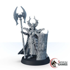 May include: A gray unpainted miniature figurine of a warrior wearing ornate armor with a horned helmet, holding a large double-bladed axe with spiderweb cutouts in one hand and a tall rectangular shield with scrollwork in the other, on a base.