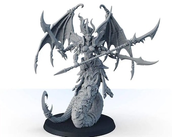 May include: A gray fantasy miniature of a winged female warrior with a spear and two swords. The figure has a serpentine lower body and is standing on a black base. The warrior is wearing armor and has horns.
