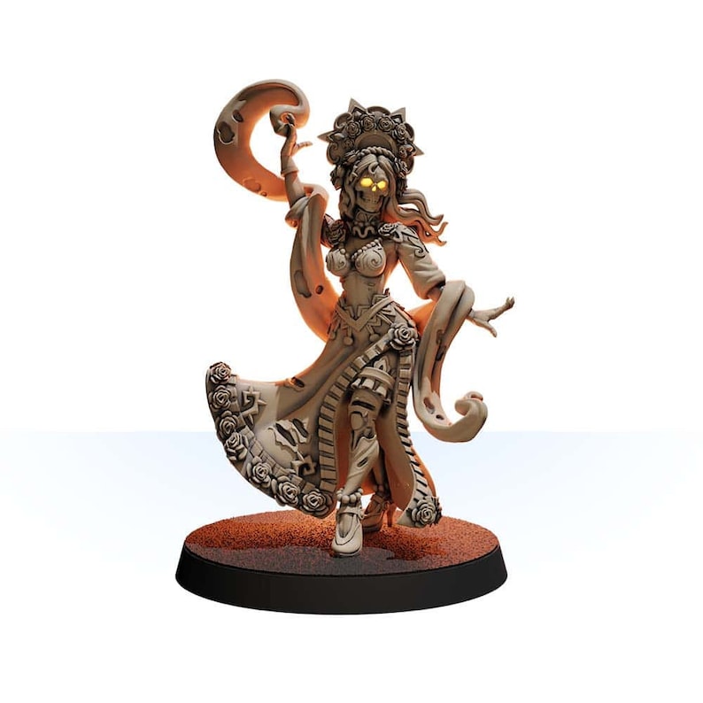 May include: A skeletal figure in a flowing gown with floral accents and a crown of roses. The figure has glowing yellow eyes and is holding a flowing piece of fabric in one hand.