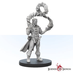 May include: A gray painted miniature figurine of a man wearing a long coat and holding a deck of cards in a circular motion above his head.