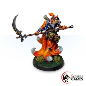 May include: A detailed miniature figurine of a fox-like character, posed dynamically with a curved blade weapon. The figure is predominantly orange with white-tipped fur, wearing blue and gold armour. It stands on a green-covered base.