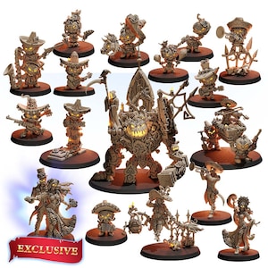 May include: A set of 15 miniature figurines, painted in a beige and brown color scheme, depicting a variety of characters with a Day of the Dead theme. The figurines are arranged on circular bases and include a large, multi-headed monster, a skeleton bride and groom, and several musicians.
