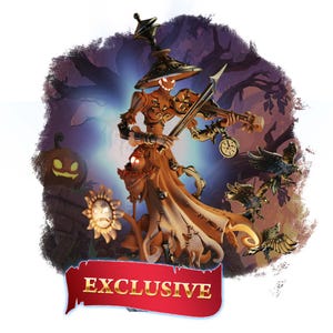 Könnte beinhalten: Eine skurrile Halloween-Figur eines Vogelscheuche, die Geige spielt, mit einem Kürbis, einer Blumenuhr und Krähen. Die Vogelscheuche trägt einen Hut und einen Umhang, und das Wort "EXCLUSIVE" steht auf einem roten Banner.