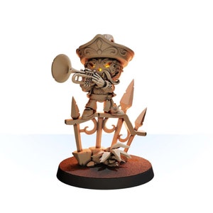 May include: A brown figurine of a pirate playing a trumpet, standing on a fence with a brown base. The pirate is wearing a hat and has a beard.