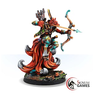 May include: A painted miniature figurine of a fox-like creature with a bow and arrow, standing on a base with a forest scene. The creature has a red and orange tail with white tips, and is wearing green and blue armor. The bow is made of wood and has a blue string. The arrow is tipped with a blue point.