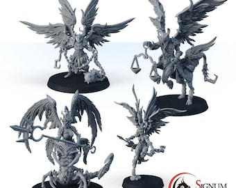 May include: Four gray painted miniature figurines of winged creatures with different poses and weapons. The figures are on round black bases. The figures are from the Signum Games brand.
