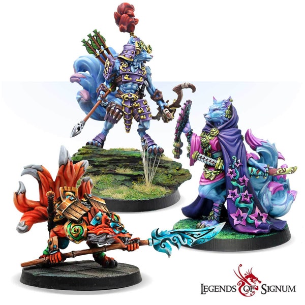 Kitsune Clan of 3 DnD Miniature Set, 3D Resin Tabletop RPG Miniature, The Blessing of Kitsune, Dungeons and Dragons Set, Great Gift Idea