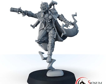 May include: A gray miniature figure of a character in a dynamic pose, holding a pistol. The figure is wearing a long coat, goggles, and armor. The figure is standing on a black base. The Signum Games logo is in the bottom right corner.