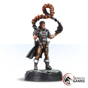 May include: A painted miniature figure of a person wearing a brown leather jacket, brown pants, and a black coat. The figure is holding a glowing orange and red object in their right hand. The figure is standing on a black base with a gray rock texture.