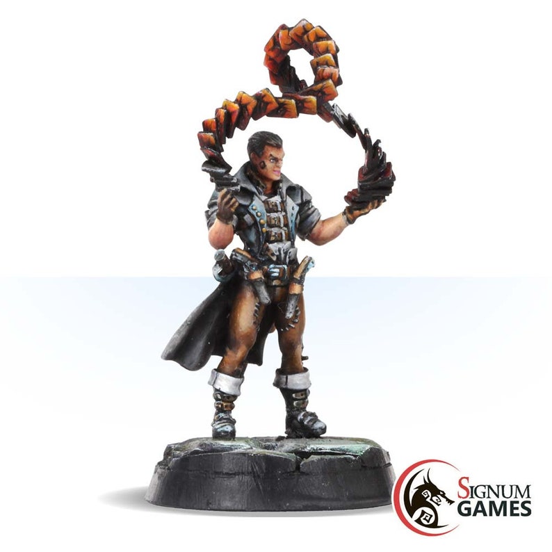 May include: A painted miniature figure of a person wearing a brown leather jacket, brown pants, and a black coat. The figure is holding a glowing orange and red object in their right hand. The figure is standing on a black base with a gray rock texture.