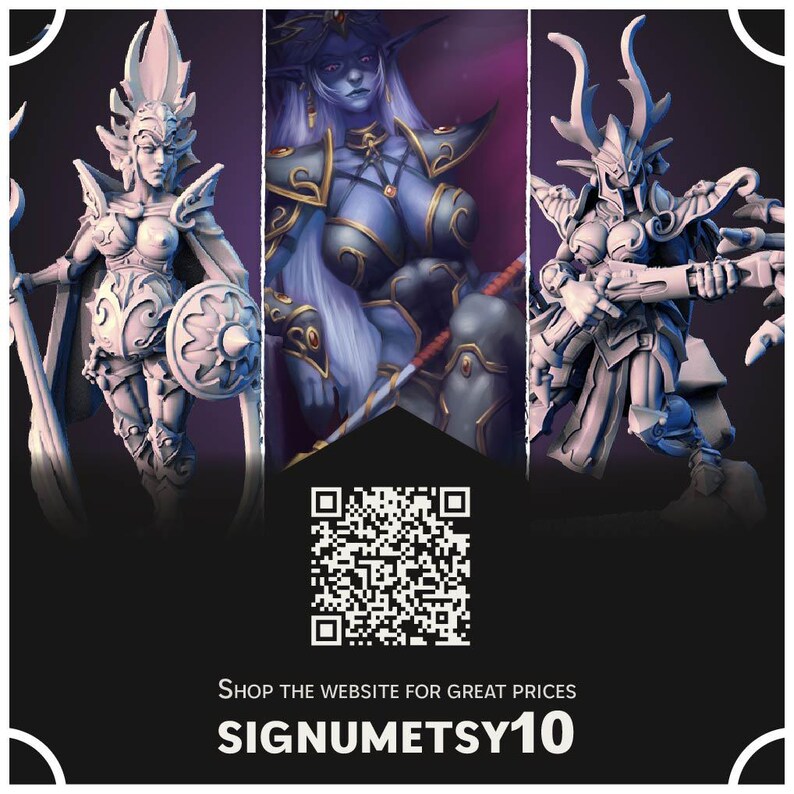 May include: Three fantasy miniature figurines, one with a white helmet and armor, one with blue skin and a crown, and one with a horned helmet and armor. The miniatures are posed in a fighting stance. A QR code is in the center of the image with the text "Shop the website for great prices SIGNUMETSY10".