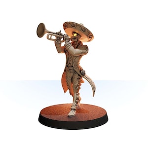 May include: A skeletal figure wearing a traditional Mexican sombrero and a suit plays a trumpet. The figure is painted in a light brown color and is standing on a brown base.
