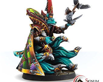 May include: A blue and green painted miniature of a wolf-like creature wearing a red and gold robe with a tall red hat. The creature is holding two white doves in its hands. The miniature is on a round base.