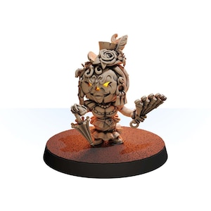 May include: A small, detailed figurine of a pumpkin-headed character wearing a hat and holding an umbrella and a fan. The figurine is painted in a light brown color and has glowing orange eyes.