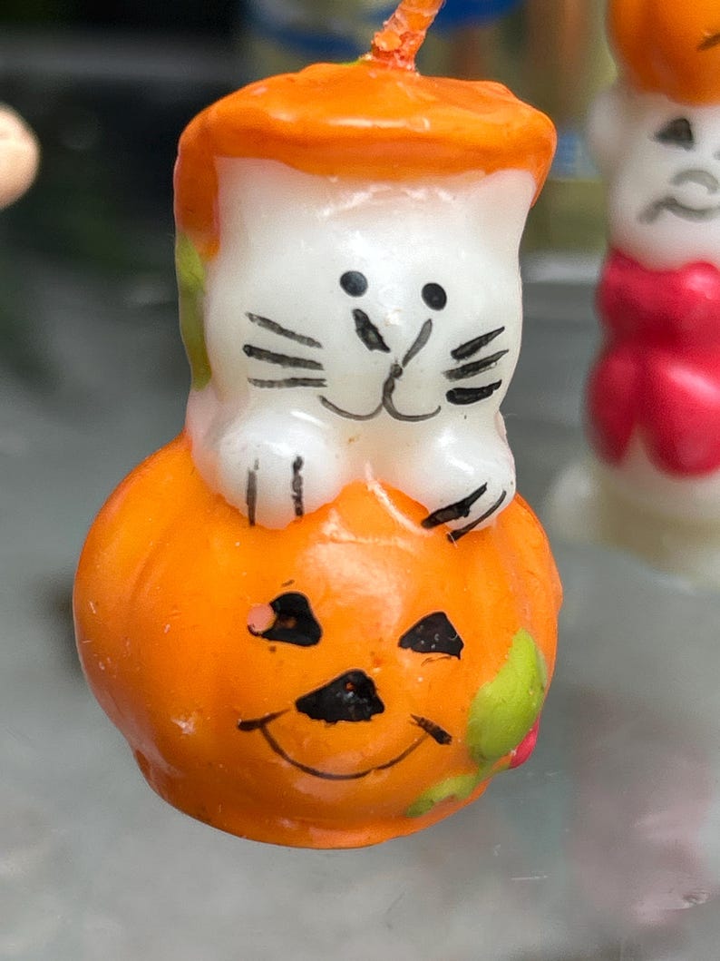 K&ouml;nnte beinhalten: Eine Halloween-Kerze mit einer wei&szlig;en Katze, die auf einem orangefarbenen K&uuml;rbis mit einem geschnitzten K&uuml;rbisgesicht sitzt. Die Katze hat schwarze Schnurrhaare und Augen. Die Kerze hat einen orangenfarbenen Deckel und einen Docht.