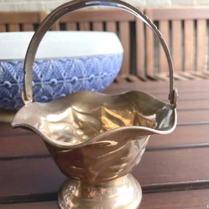 Solid Brass Trinket Basket, Scalloped Rim Edge, Hinged Handle , Pedestal Base,Leaf Motif Made in India