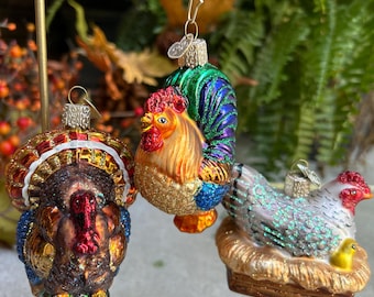 Old World Christmas, OWC, Vintage Thanksgiving The Rooster, Hen, Or Tom Turkey Glass Ornament,  Hand Blown Glass, Metal Charm, Merck Family