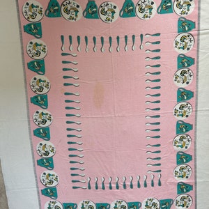 Vintage Cotton Pique French Tablecloth Pink Green Tablecloth French Rooster Tablecloth Gallic Rooster  68.5&quot; x 54&quot;