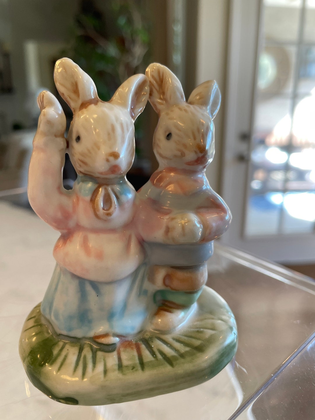 Bunny Rabbit Porcelain Figurine W/ Waving Bunny Easter Decoration