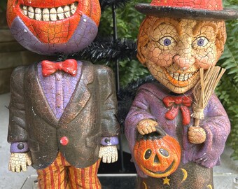 Vintage Halloween by BRN Bobble Head, Nodder Witch, or Pumpkin Head Chalkware Crackle Resin Figurine, 13 1/2"H, Folk Art Halloween
