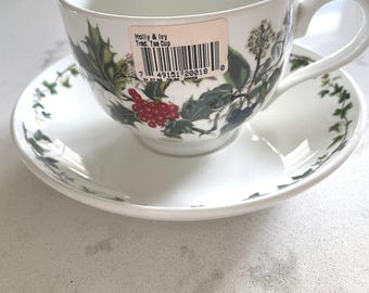 Portmeirion The Holly and The Ivy Footed Cup & Saucer Set, Christmas Cup, Christmas Portmeirion, Holly Ivy Vintage